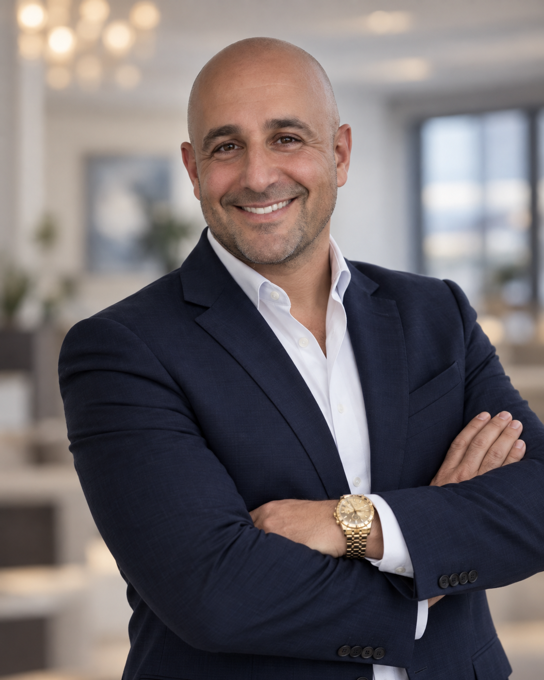 Josh Reef wearing a navy suit, smiling with arms crossed