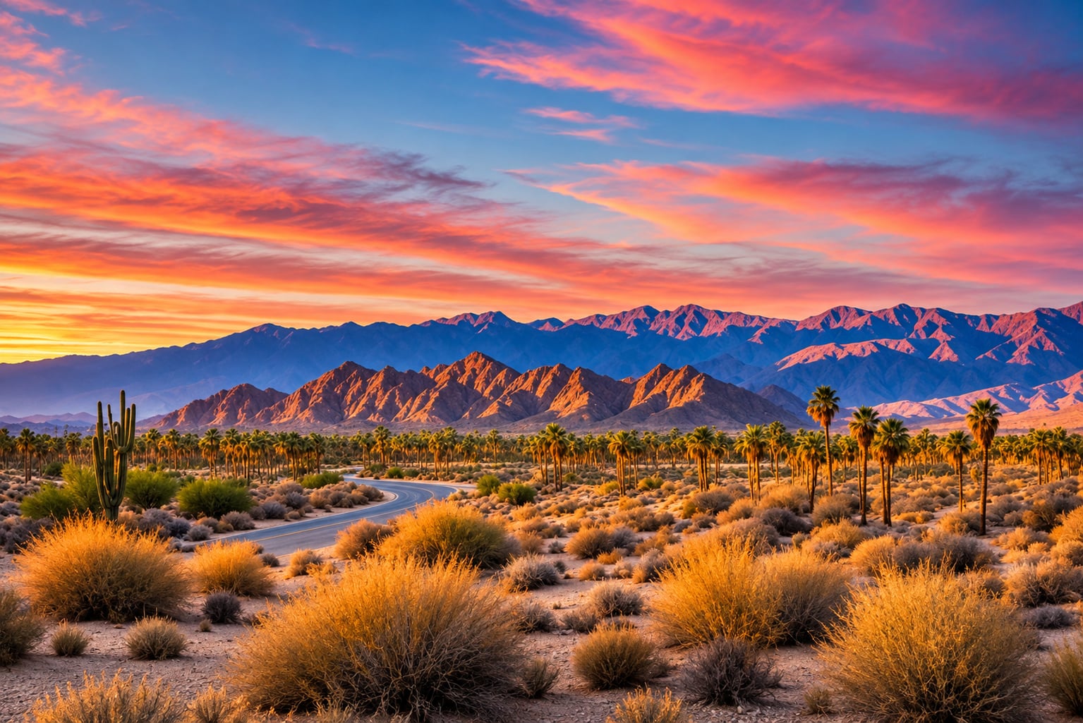 Desert landscape with palms and mountain backdrop