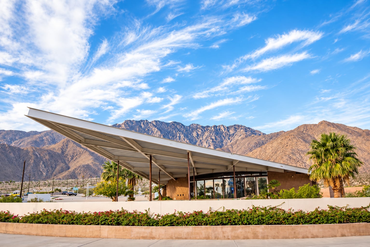 Palm Springs architecture with mountain backdrop