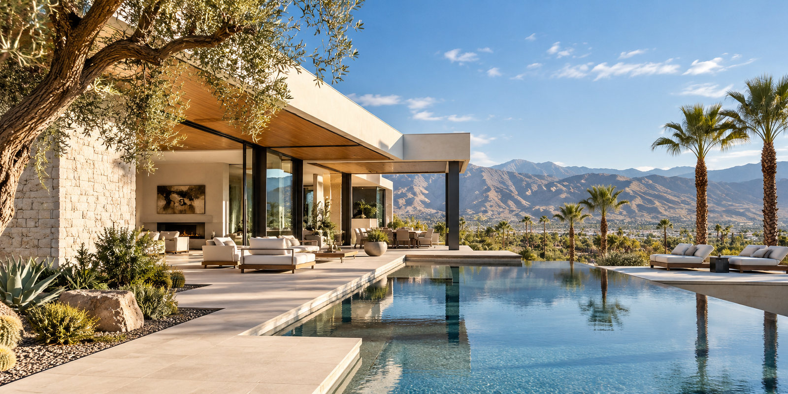 Editorial visualization of a modern desert residence with mountain views and pool